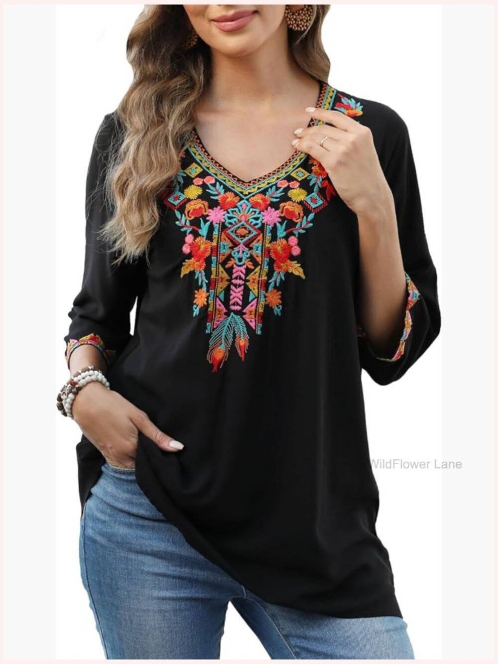 Mexican Embroidered Peasant Tunic Boho Blouse 3/4 Sleeve